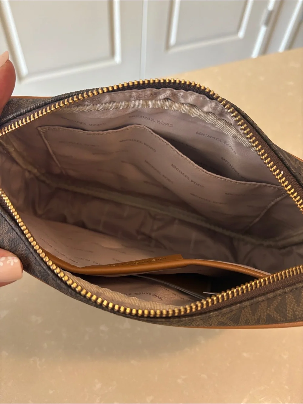 Michael Kors Brown MK Signature Crossbody with Gold Chain Trim